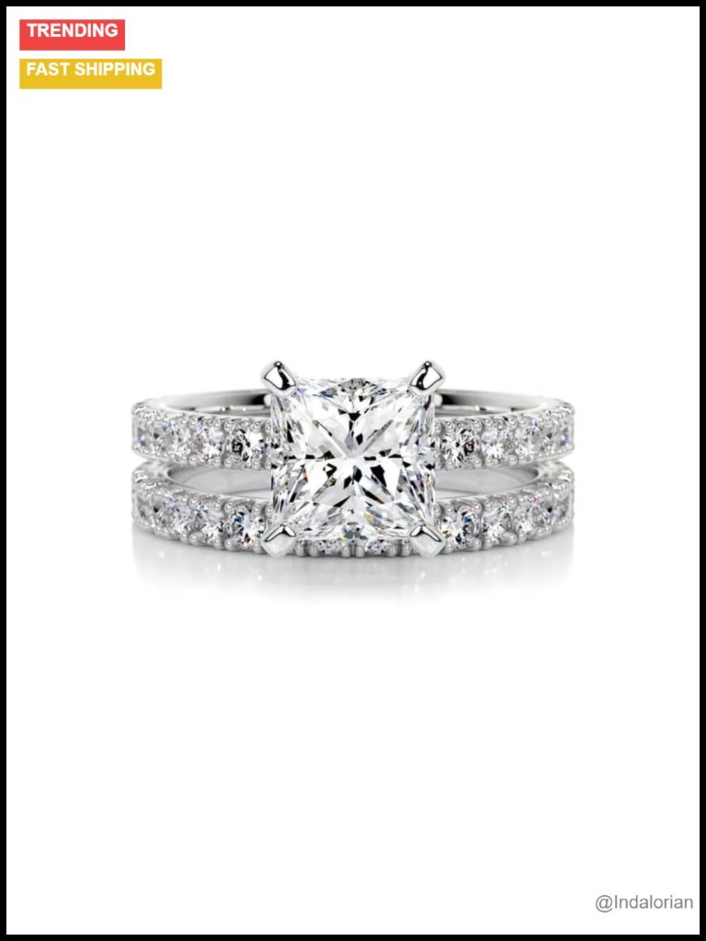 Princess Moissanite Bridal Set Engagement Ring Platinum Plated Silver